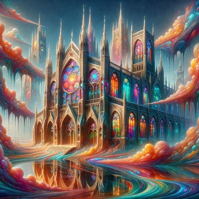 The primary subject of the image is a large, colorful building with a castle-like appearance. The building is situated in a setting with a body of water, possibly a lake or a river, and a bridge nearby. The visual style of the image is digital art, with a vibrant and lively atmosphere. The colors and mood of the scene are predominantly bright and cheerful, with a sense of fantasy and imagination.